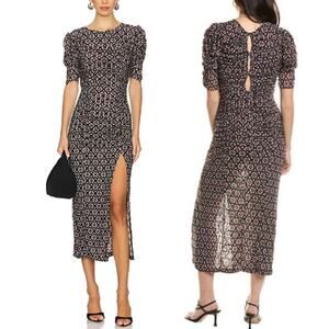 Free People FP Briella Floral Keyhole Back Ruched Thigh Slit Midi Dress Black L